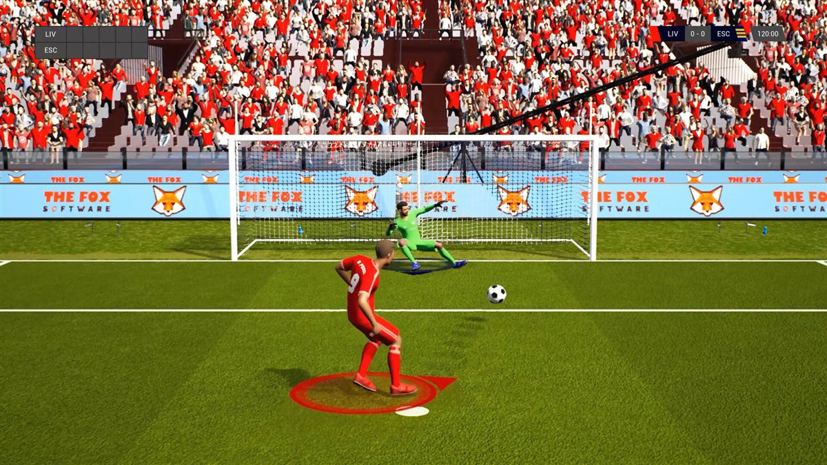 Active Soccer 3 screenshot: close-up of a penalty kick, the taker facing the goalkeeper in front of a packed stand.