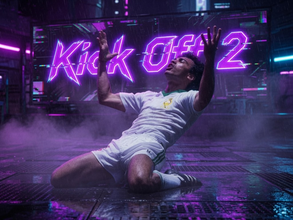 Neon Kick Off 2 billboard behind a player celebrating on his knees in the rain. Read the box art story.