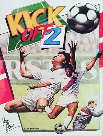 A scan of Kick Off 2 cover artwork with game title lettering and a signature in the lower-left corner.