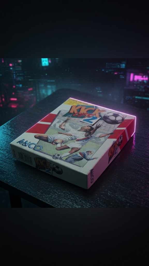 Kick Off 2 Amiga box on a neon-noir table — read the box art story